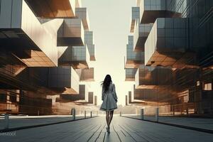 AI generated Woman walking in futuristic brutalist city street.  AI Generated. photo