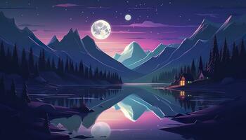 AI generated Moonlight mountain scene, house beside a lake. AI Generative photo