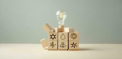 AI generated Creative idea, solution and innovation concept. Idea generation for business development. Wooden cube blocks with light bulb and cycle icons on clean background and copy space. photo