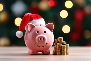 AI generated Piggy bank with santa hat for christmas spending budget and money management photo