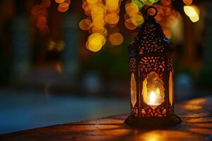 AI generated Ornamental Arabic lanterns. Glittering golden bokeh lights on the table photo