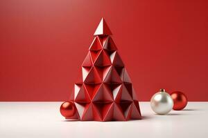 AI generated Red Christmas tree made with card paper copy space red isolated background photo