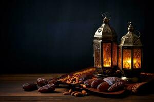AI generated Ornamental Arabic lantern glowing on table for Muslim holy month Ramadan Kareem photo