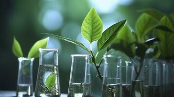 AI generated Biotechnology concept with green plant leaves, laboratory glassware, and conducting research, illustrating the powerful combination of nature and science in medical advancements. photo