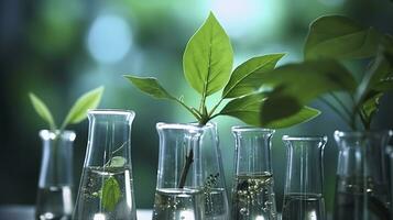AI generated Biotechnology concept with green plant leaves, laboratory glassware, and conducting research, illustrating the powerful combination of nature and science in medical advancements. photo