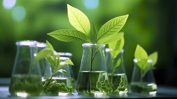 AI generated Biotechnology concept with green plant leaves, laboratory glassware, and conducting research, illustrating the powerful combination of nature and science in medical advancements. photo