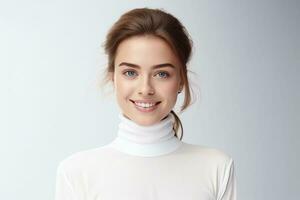 AI generated portrait of happy woman wearing high-necked on white isolated background photo