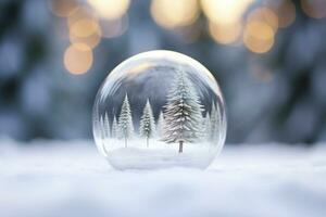 AI generated Crystal ball with a snowy christmas tree fir tree inside falling snow realistic holiday decoration photo