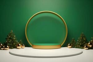 AI generated 3d rendered green Podium display for merry Christmas event photo