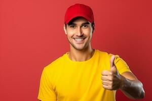 AI generated young handsome delivery man in uniform and cap looking confident smiling friendly doing thumbs up photo