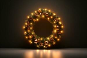 AI generated decorative festive wreath with golden lights isolated on black background photo