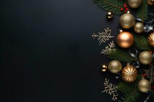 AI generated christmas holidays composition of fir tree branches with baubles and copy space photo