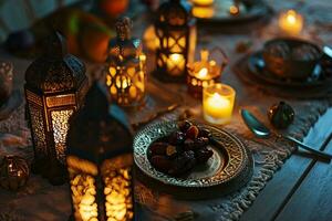 ai generado ornamental Arábica linterna plato con fecha Fruta en el mesa Ramadán kareem iftar cena antecedentes. foto