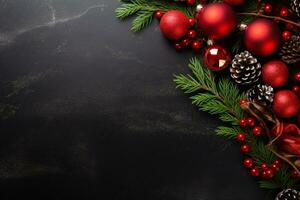 AI generated Christmas composition of fir tree branches with baubles and gifts on black background photo