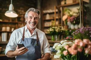 AI generated Happy Caucasian businessman in small floral center Joyful male florist Own business concept photo