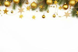 AI generated Christmas composition of fir tree branches with baubles on white background photo