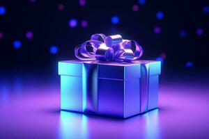 ai generado realista regalo caja con mágico brillante azul abierto regalo caja con mágico ligero foto