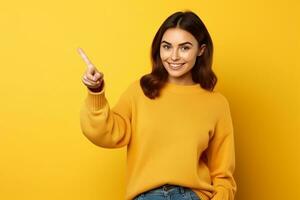 AI generated Portrait of a happy young woman pointing gesture on isolated yellow background generative AI photo