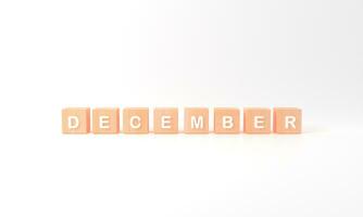 Minimal white word December wooden cubes on white background. Winter season. 3d rendering photo