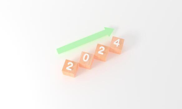 3D rendering of steps wooden cubes and arrow Business goals in 2024 concept. Happy new year wooden cubes with white background. copy space starting business plan. minimal simple target calendar year photo