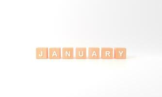 Minimal white word January is made of wooden cubes on white background. Winter season , Happy new year . 3d rendering photo