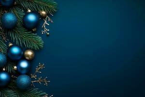 AI generated christmas holidays composition of fir tree branches with baubles and copy space photo
