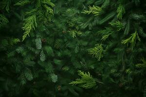 ai generado Navidad composición de abeto árbol ramas en negro antecedentes foto