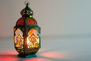 AI generated Ornamental Arabic lanterns. Glittering golden bokeh lights on the table photo