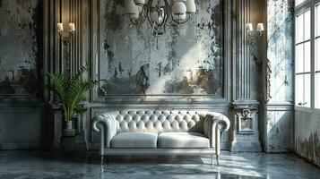 AI generated Vintage living room interior design with sofa minimal aesthetic 3d rendered photo