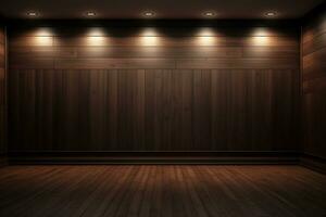 AI generated 3d rendered empty wooden room with lights and copy space photo