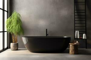 AI generated 3d rendered Minimal style black theme Modern bathroom interior design with bathtub photo