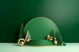 AI generated merry Christmas 3d rendered red Podium display for event photo