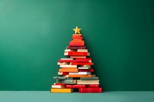 ai generado Navidad árbol hecho de libros en verde antecedentes foto