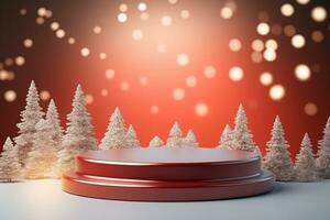 AI generated merry Christmas 3d rendered red Podium display for event photo