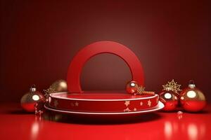 AI generated merry Christmas 3d rendered red Podium display for event photo