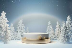 AI generated 3d rendered white and snowy Podium display for merry Christmas event photo