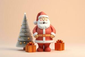 AI generated 3d rendered minimal santa clause with christmas tree and gifts on pastel background photo