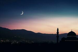 ai generado un mezquita en noche y Luna en antecedentes Ramadán kareem celebracion foto