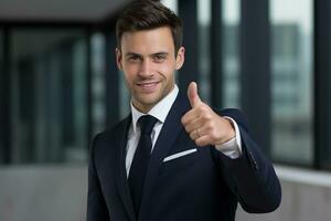 AI generated young smiling man in formal wear pointing with finger on you photo