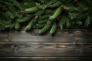 ai generado Navidad Días festivos composición de abeto árbol ramas con regalos Copiar espacio foto