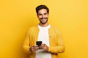 AI generated man looking at phone standing isolated on yellow background photo