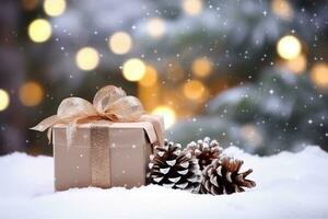 AI generated Christmas gift boxes with shiny lights background Copy space on snowy background photo