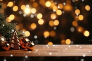 AI generated Christmas wooden table mockup with gifts, lights and bokeh background. banner with creative decoration and copy space. photo