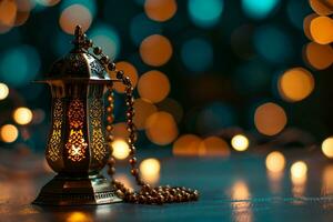 AI generated Ornamental Arabic lanterns. Glittering golden bokeh lights on the table photo