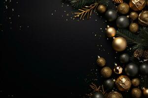 AI generated christmas holidays composition of fir tree branches with baubles and copy space photo