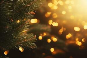 AI generated christmas fir tree branch with close up decorated by lights photo