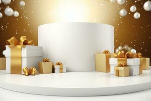 AI generated merry Christmas 3d rendered red Podium display for event photo