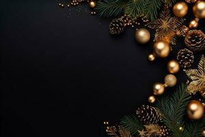 AI generated Christmas composition of branches with baubles and gifts with copy space photo