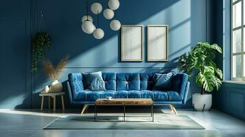 AI generated living room interior design with sofa minimal aesthetic light blue velvet 3d rendered photo