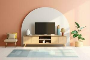 AI generated 3d rendered Minimal style Modern tv led on the cabinet in modern living room on pastel background photo